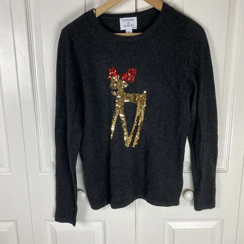Antoni & Alison M Sweater Pullover Wool Cashmere Reindeer Sequin Gray Christmas